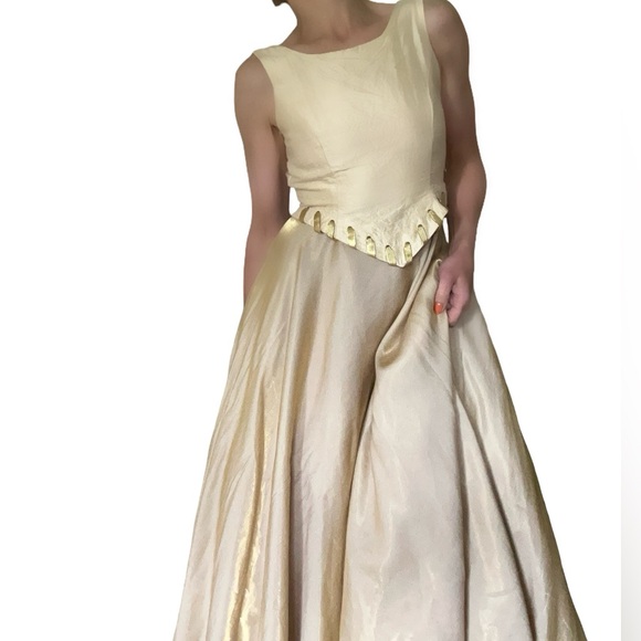 Vtg Gloria 100% Silk Gold Sleeveless A-Line Tool Maxi Dress Sz Small - Picture 3 of 16